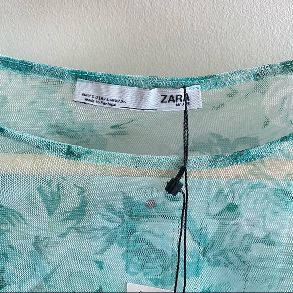 NEW ZARA Green Floral Mesh Sheer Top Ruched Blouse - Picture 8 of 10
